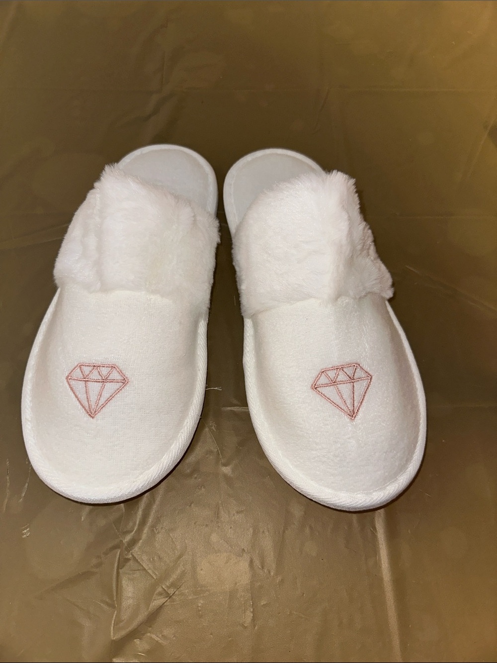 White Fuzzy Slide Slippers with Pink Diamond Embroidery